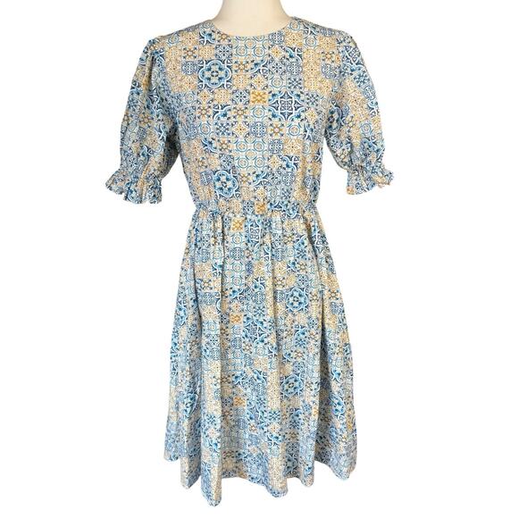 JessaKae Dresses & Skirts - Jessakae Dress Blue Tile Printed Puffed Sleeves M Peasant Bohemian Boho